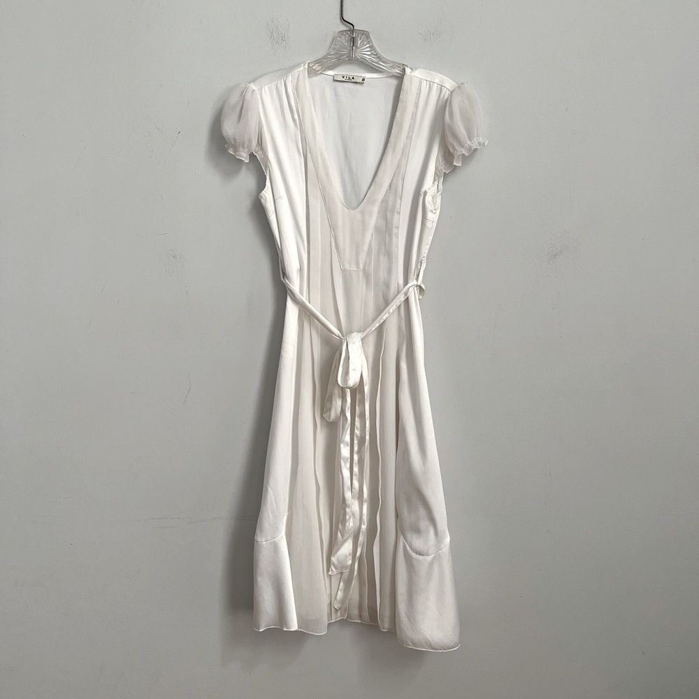 VILA ethereal white silky shirt sleeve v-neck dress